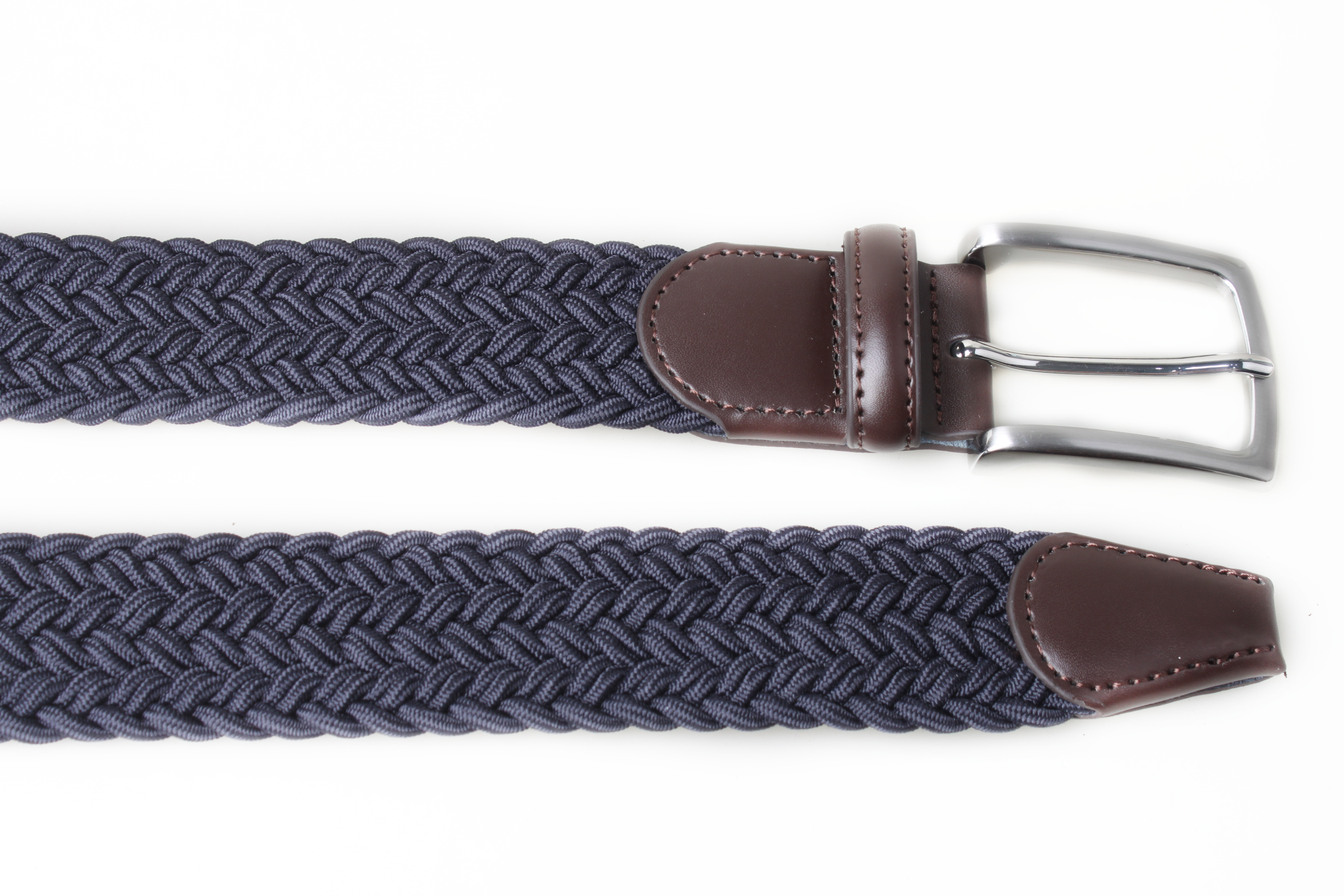 PX navy braided stretch belt laid flat, showing the satin nickel-finish buckle, brown leather trim and stitched tip.