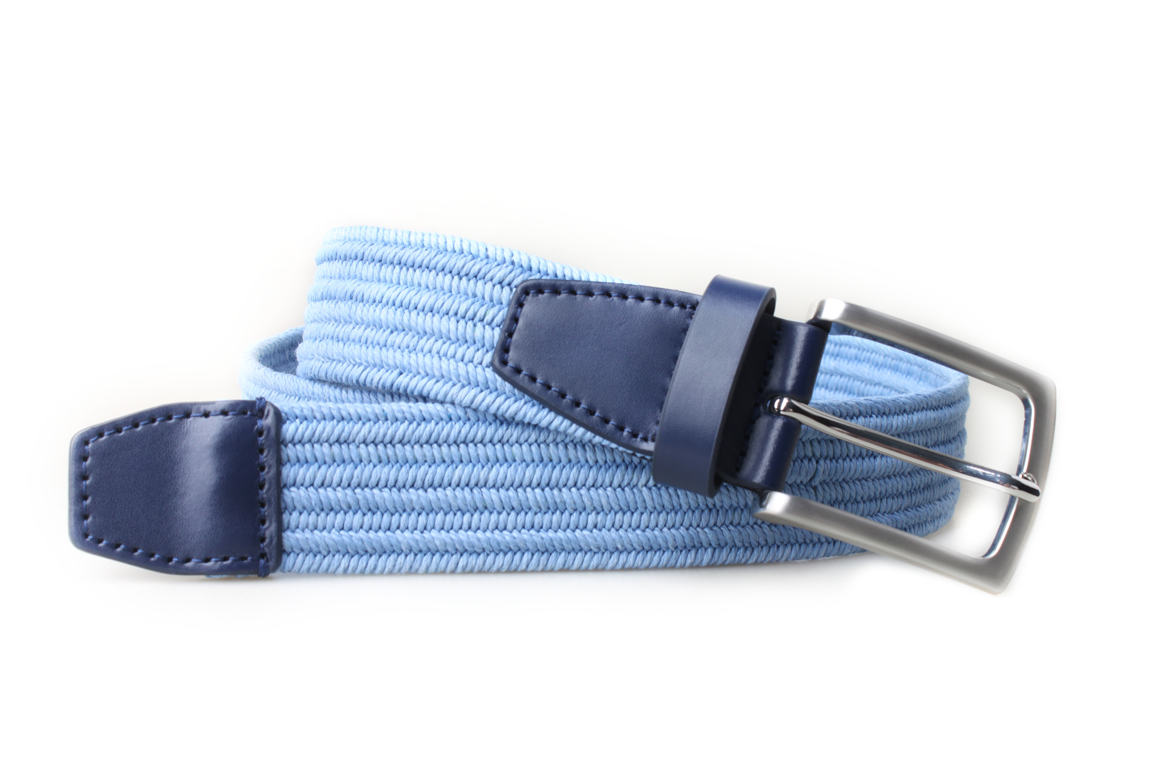 Light blue PX woven stretch belt coiled on a white background, with navy leather trim and a silver-tone rectangular buckle.