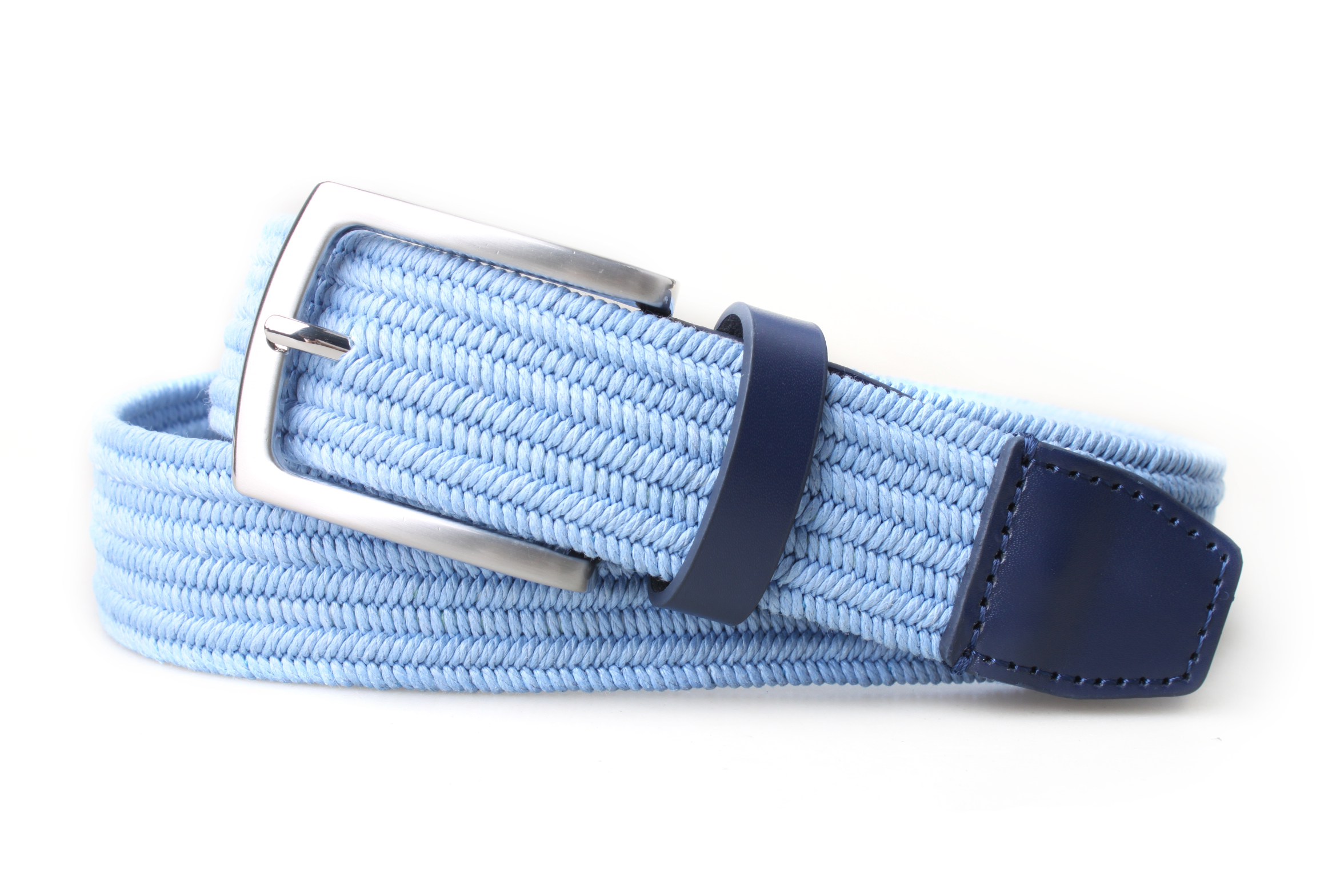 Alternate coiled view of the light blue PX woven stretch belt, showing the navy leather end, keeper and rectangular buckle.