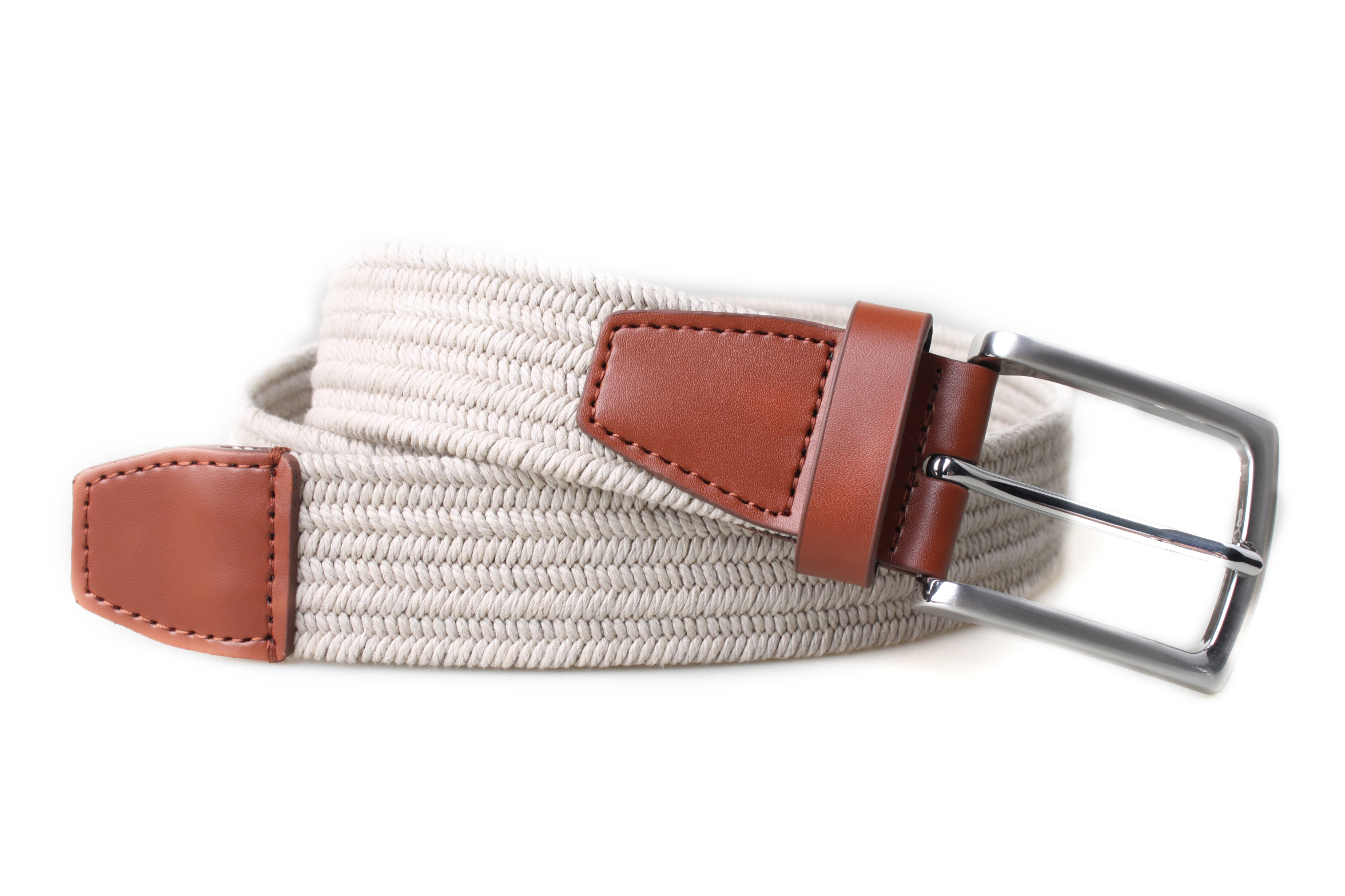 PX beige woven stretch belt coiled on white, with brown leather trim, matching stitching and a satin nickel-finish rectangular buckle.