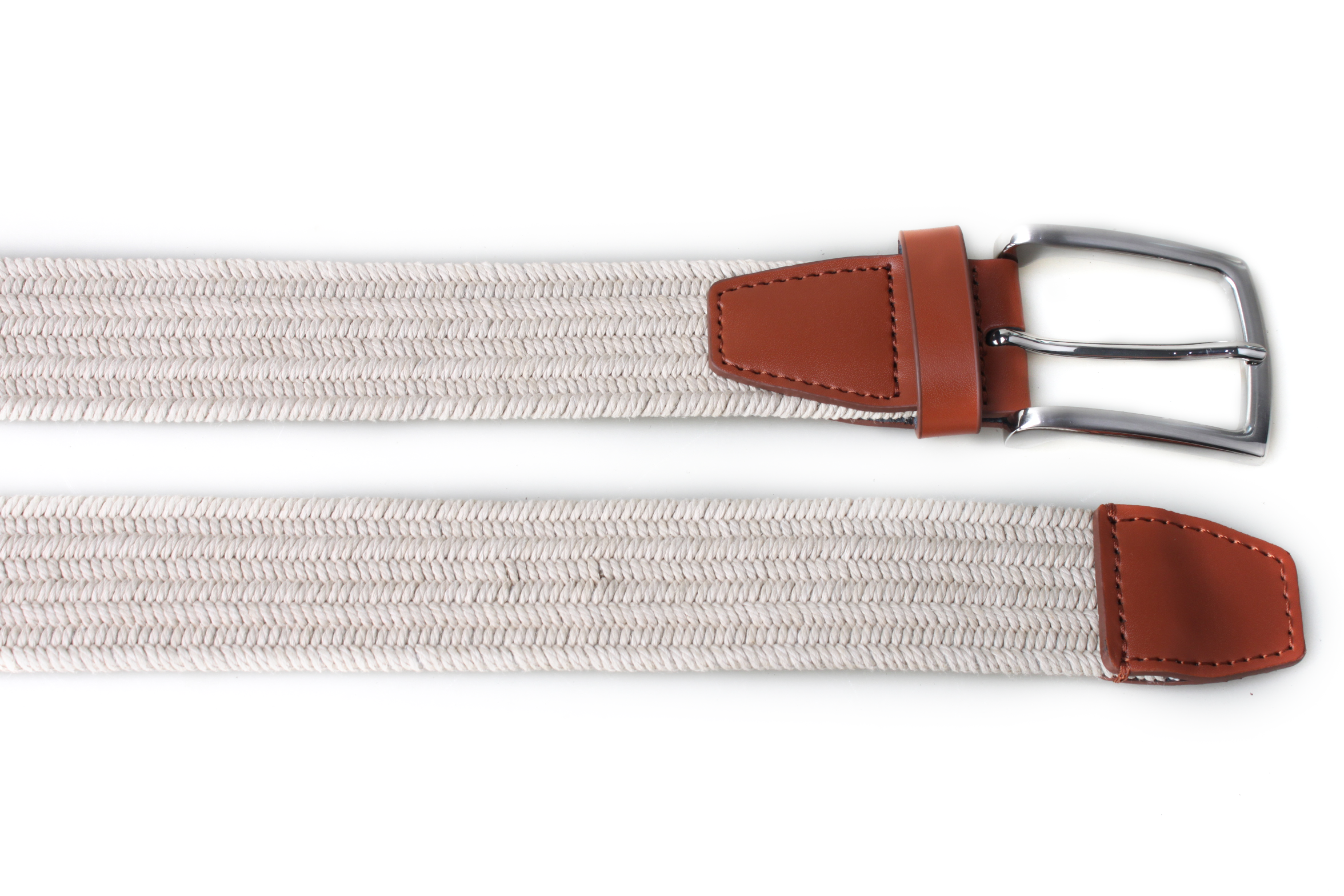PX beige woven stretch belt laid flat on white, showing its brown leather ends, matching stitching and satin nickel-finish buckle.