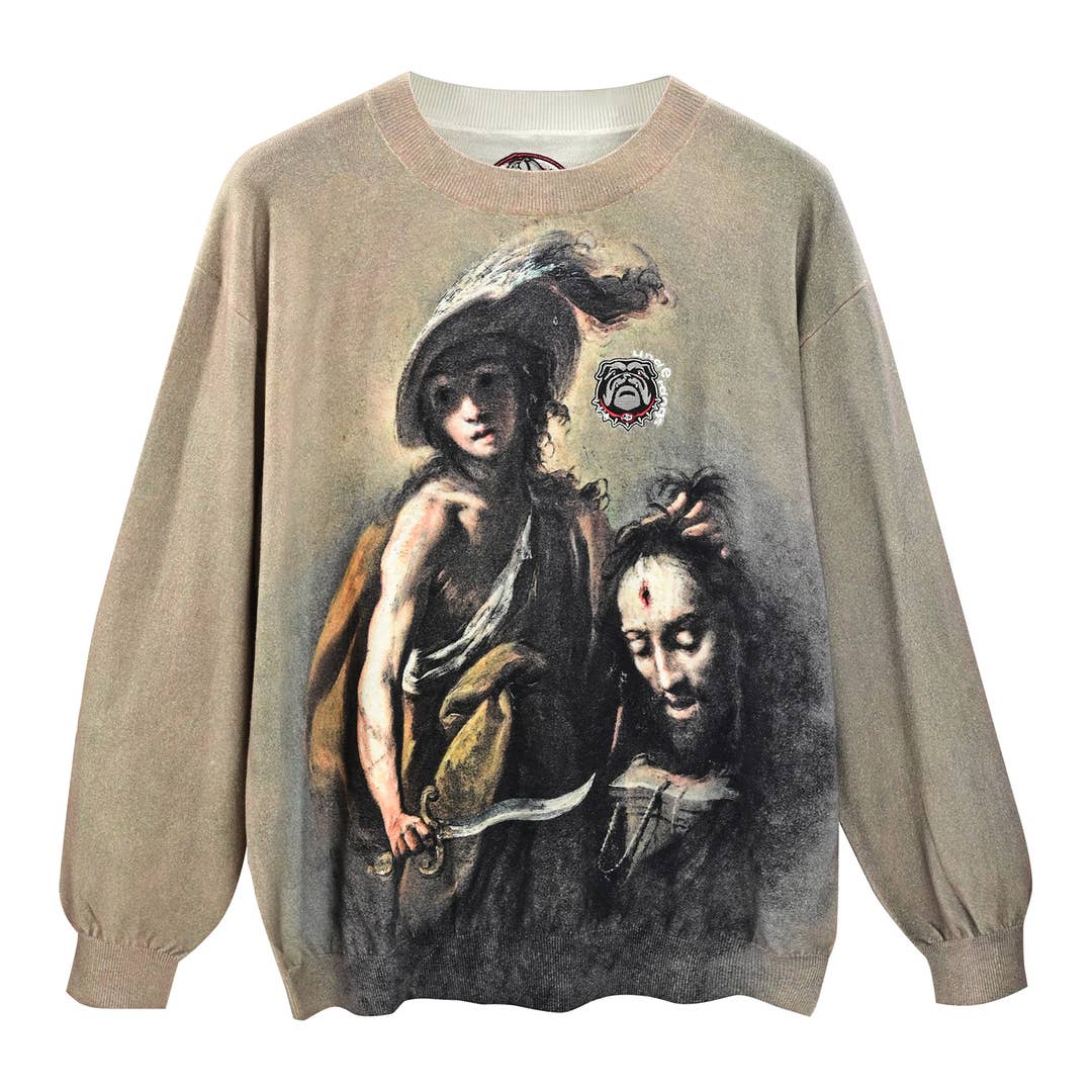 Front view of the VERYRARE David Goliath cashmere-and-cotton crewneck with figurative artwork in black, brown and cream against a beige ground