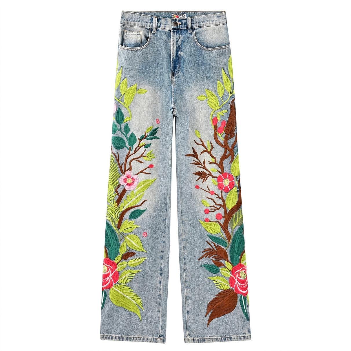 Full front of VERYRARE Sakura light blue denim pants with pink blossoms, green leaves and brown branches embroidered along both legs.