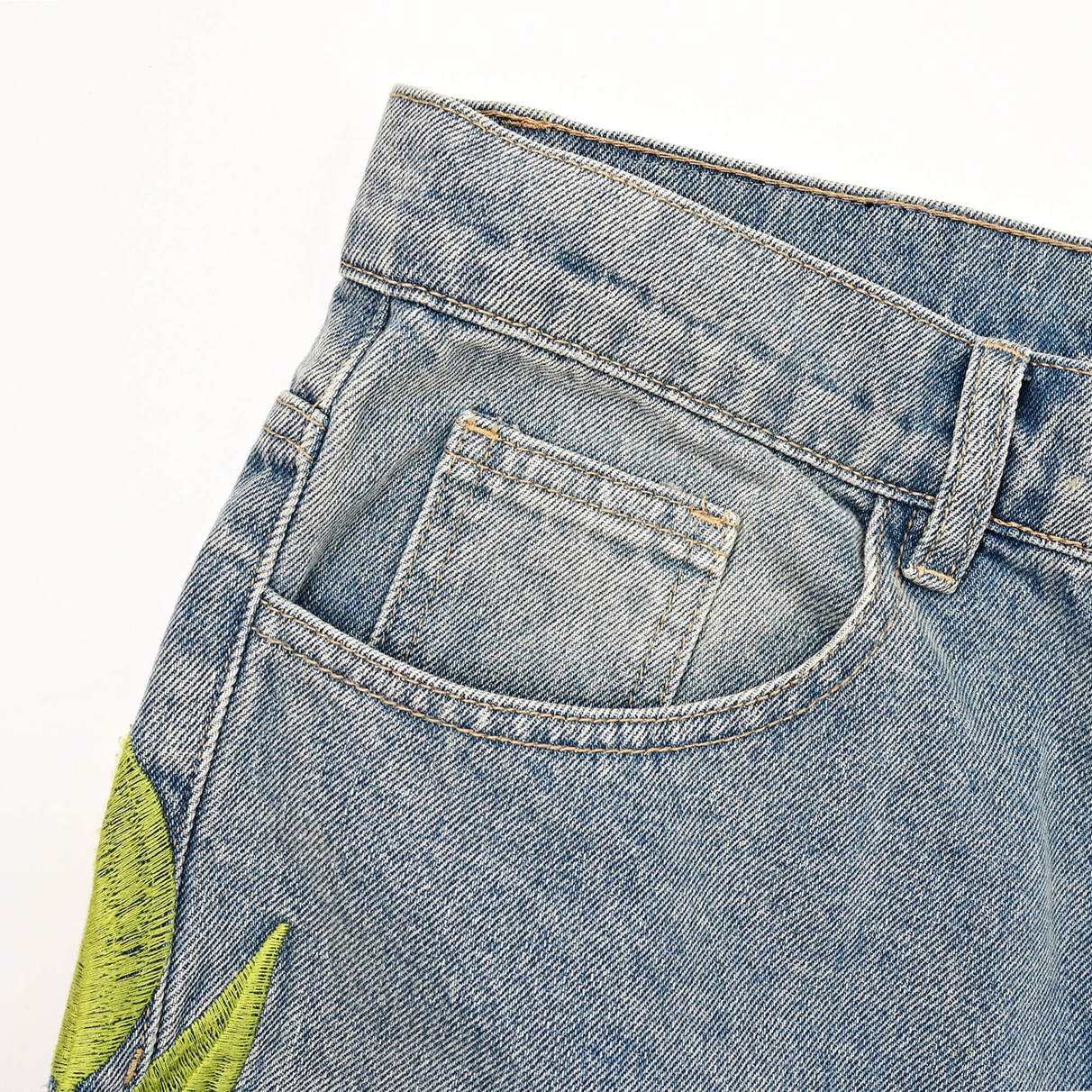 Front pocket and coin pocket, belt loop and denim stitching on VERYRARE Sakura pants.