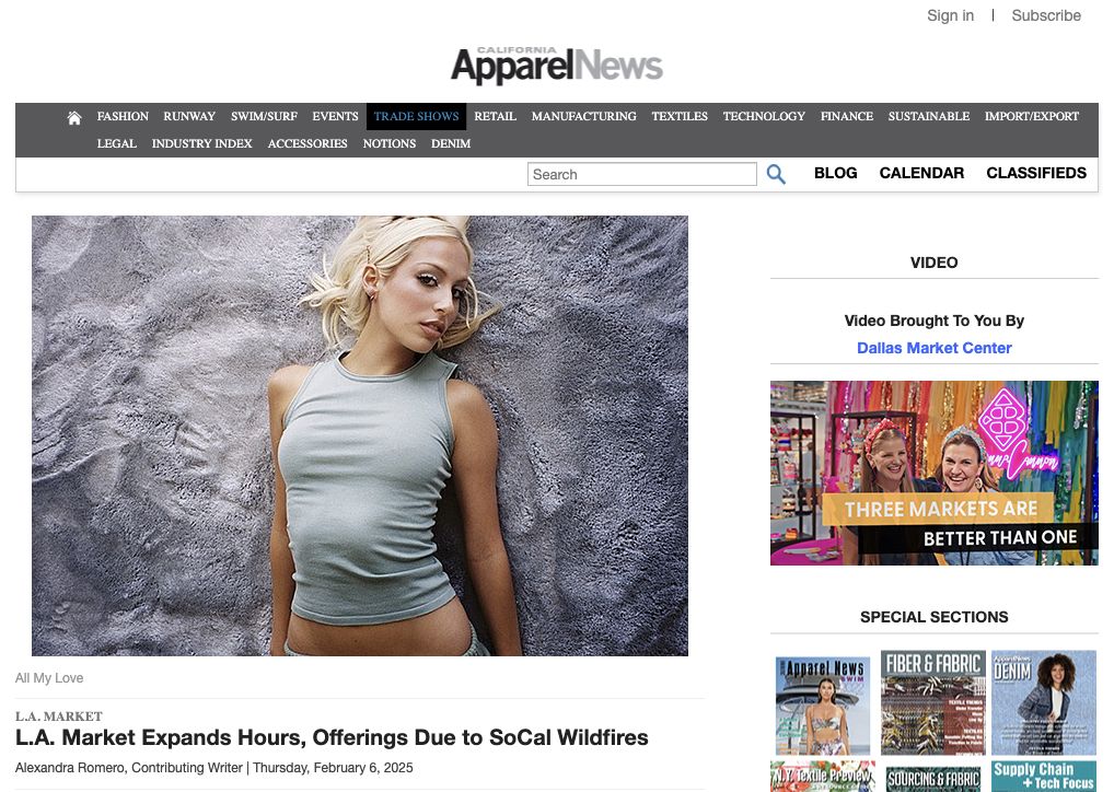 California Apparel News article screenshot: L.A. Market Expands Hours, Offerings Due to SoCal Wildfires