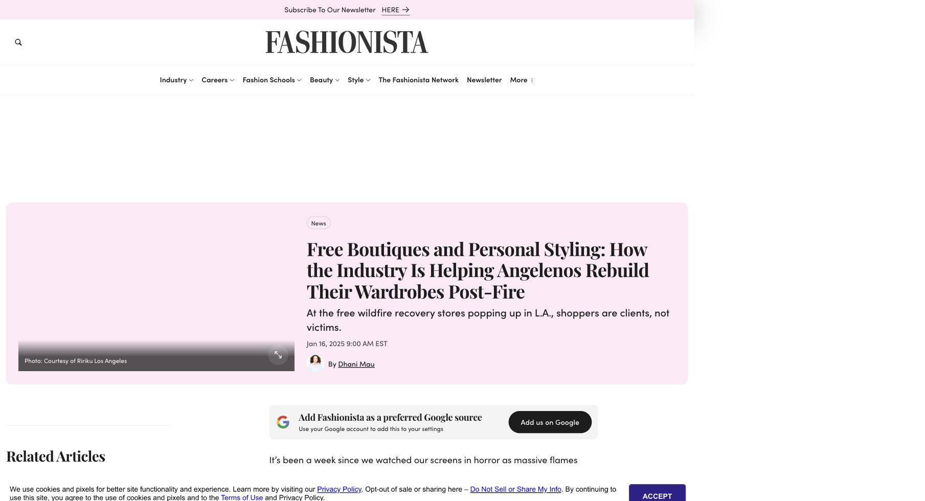 Fashionista article screenshot: Free Boutiques and Personal Styling, January 16, 2025