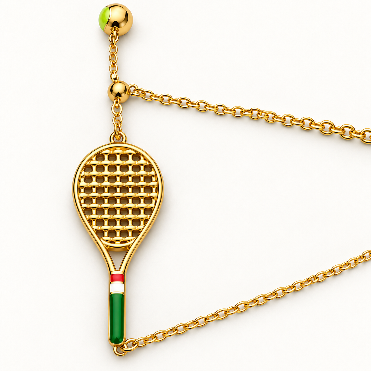 Flat front detail of Mio Queena gold-plated tennis racquet bracelet, with green enamel handle, ball charm and chain on a white surface.