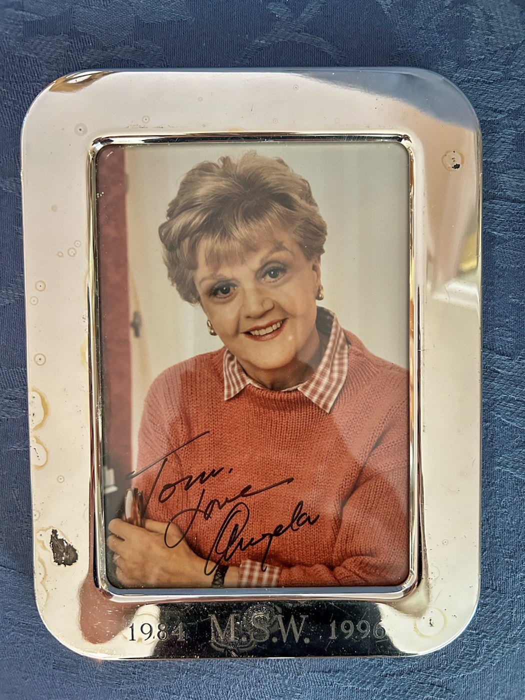 Framed Angela Lansbury portrait dedicated to Tom, commemorating Murder, She Wrote