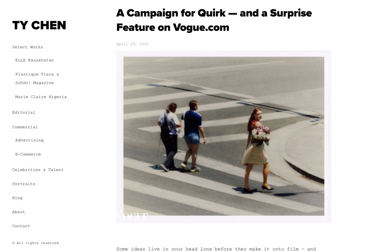 Ty Chen article screenshot: A Campaign for Quirk and a Surprise Feature on Vogue.com